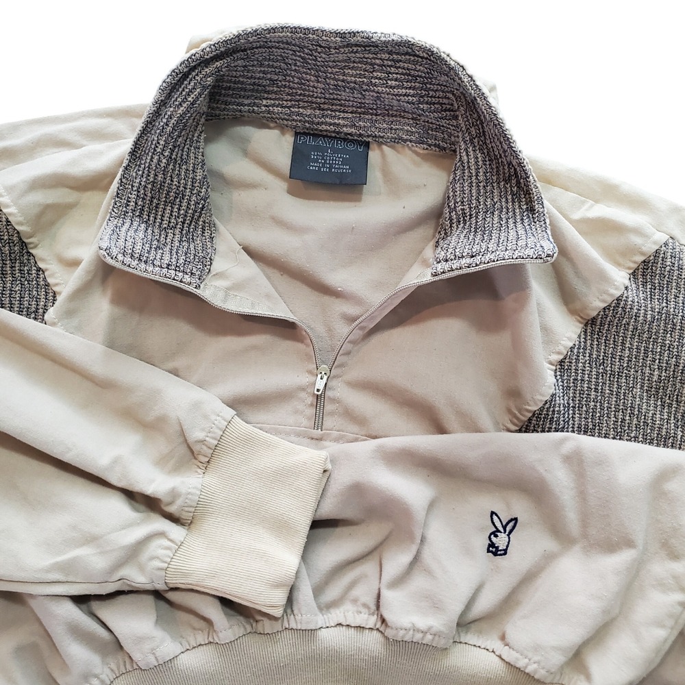 Vintage Playboy Mens Tan Grey Knit Contrast Quarter Zip Pullover Sweater Large